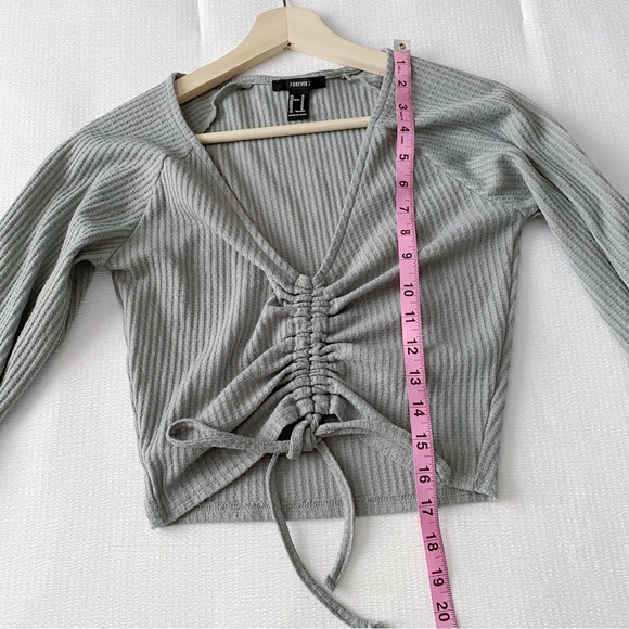 Sage Cropped Ruched Drawstring Chest Thermal / Waffle Knit Long Sleeve Top - Picture 3 of 7